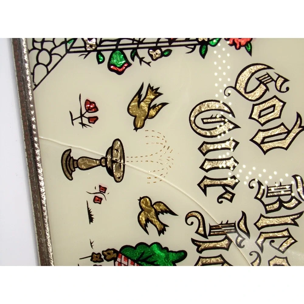Vtg GOD BLESS OUR HOME Foil Mirror Glass Plaque Scalloped Wall Art 16x8